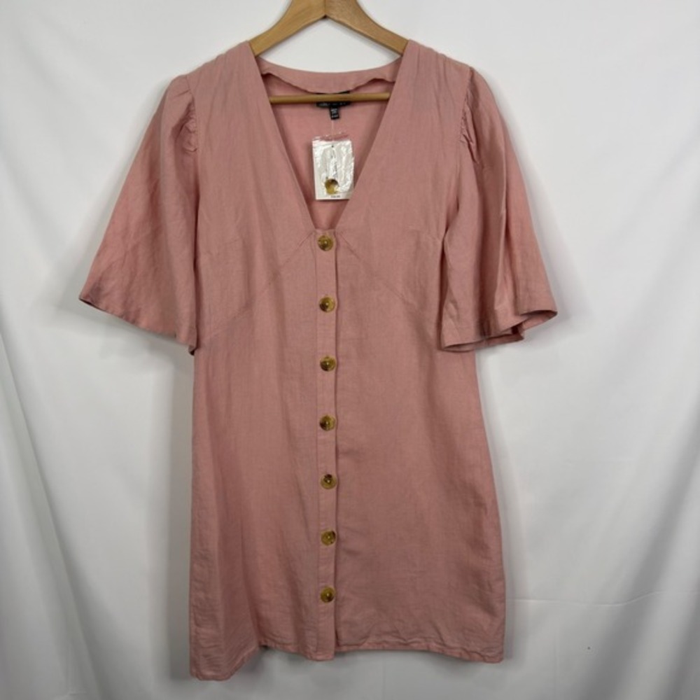 TOPSHOP Pink Linen Blend Button Front Flutter‎ Sleeve Mini Dress Size US 6 - Picture 3 of 8